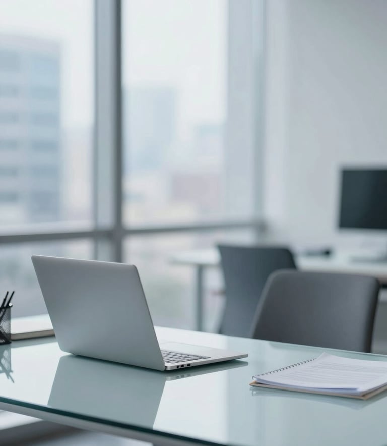 A high-end, modern office setting with a glass desk and a laptop. A blurred cityscape is visible through the window. The lighting is bright and professional, incorporating the brand colors #1A2C3F and #B0C5CD in the furniture and accents.