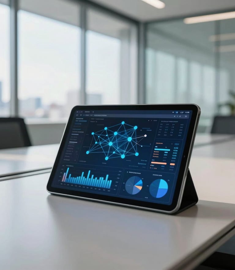 A sophisticated digital tablet display showing real-time business analytics and network connectivity graphs in a modern, sunlit Brazilian boardroom, clean glass and steel aesthetics, natural daylight, soft blue tones.