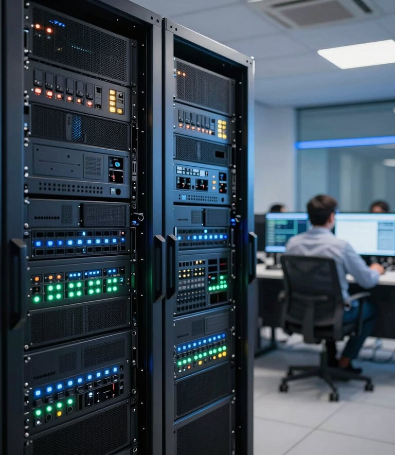 A sophisticated network operations center in Brazil with glowing status lights on server racks. In the background, a professional in a modern South American corporate setting monitors high-tech equipment. The lighting is dominated by professional steel blue and slate blue tones. High-end, architectural photography.