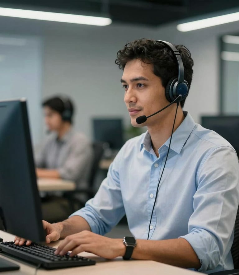 A professional South American / Brazilian customer support expert wearing a high-end headset, working in a modern, efficient office environment with steel blue and light gray accents, soft professional lighting.