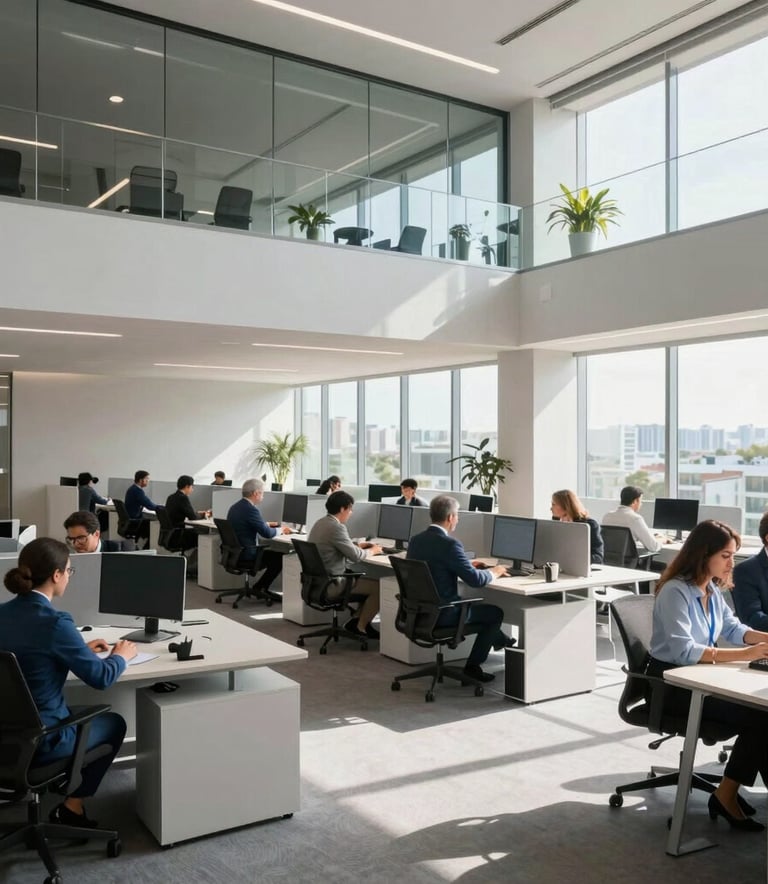 A wide-angle photograph of a modern, sunlit corporate workspace in Brazil. Professionals in business attire are engaged in work at sleek workstations. The environment uses a palette of light grays and professional blues. Contemporary South American architecture, clean and efficient atmosphere.