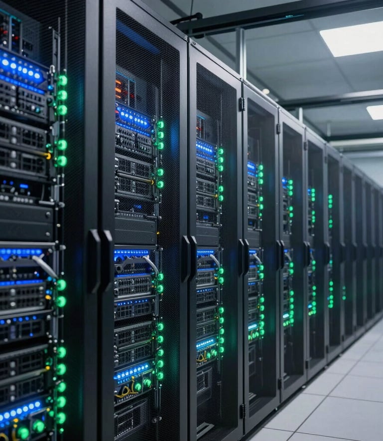 Photography of a high-tech data center interior with rows of servers, illuminated by steel blue and mint green lights, professional South American environment.