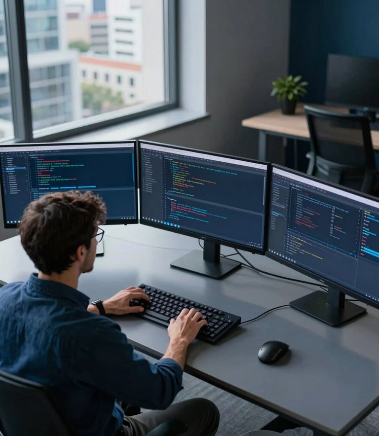 A high-angle shot of a modern workstation in a Brazilian tech office. A software developer, seen from behind, is working on three large monitors displaying code and network diagrams. The room is accented with Steel Blue and Dark Navy tones, with natural light coming through a large window showing a modern urban background.