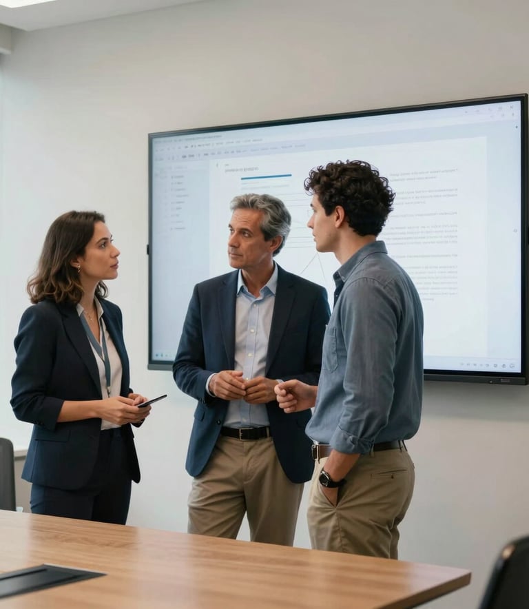 Two Brazilian IT consultants, dressed in professional business casual attire, discussing a project while looking at a large wall-mounted monitor in a sleek conference room. The atmosphere is professional and collaborative, lit by soft Off-White light.