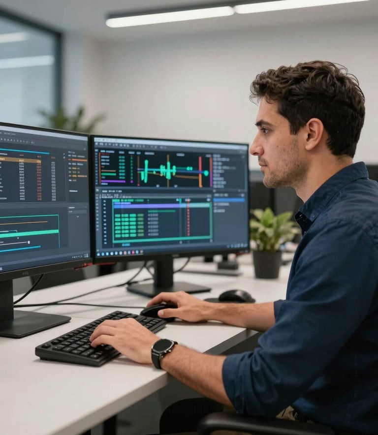 A professional South American / Brazilian IT specialist working with multiple monitors displaying data streams in a modern navy and light gray office environment.