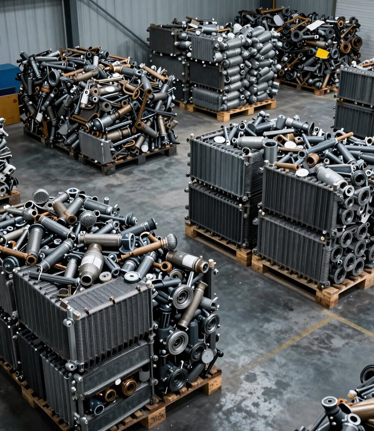 A wide-angle professional photograph of a clean, organized North American industrial recycling warehouse. Large pallets of sorted catalytic converters and automotive radiators are stacked efficiently. The scene is lit with cool industrial lighting, featuring deep navy and slate grey tones.