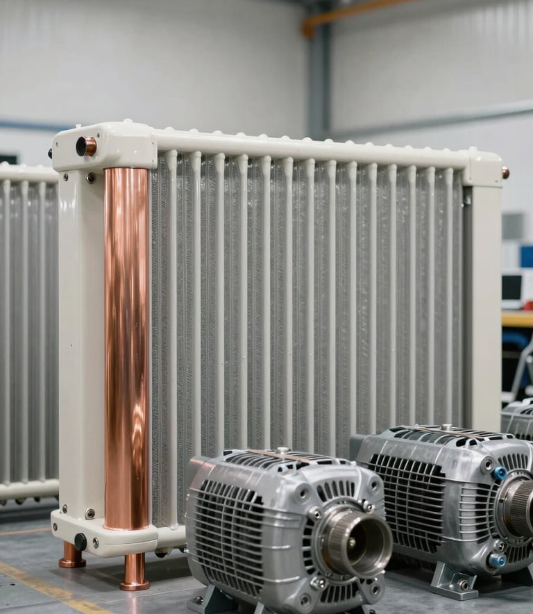 A modern industrial photography shot of copper radiators and steel alternators neatly organized in a bright North American recycling facility. The palette uses off-white and light grey tones for a clean, efficient look.