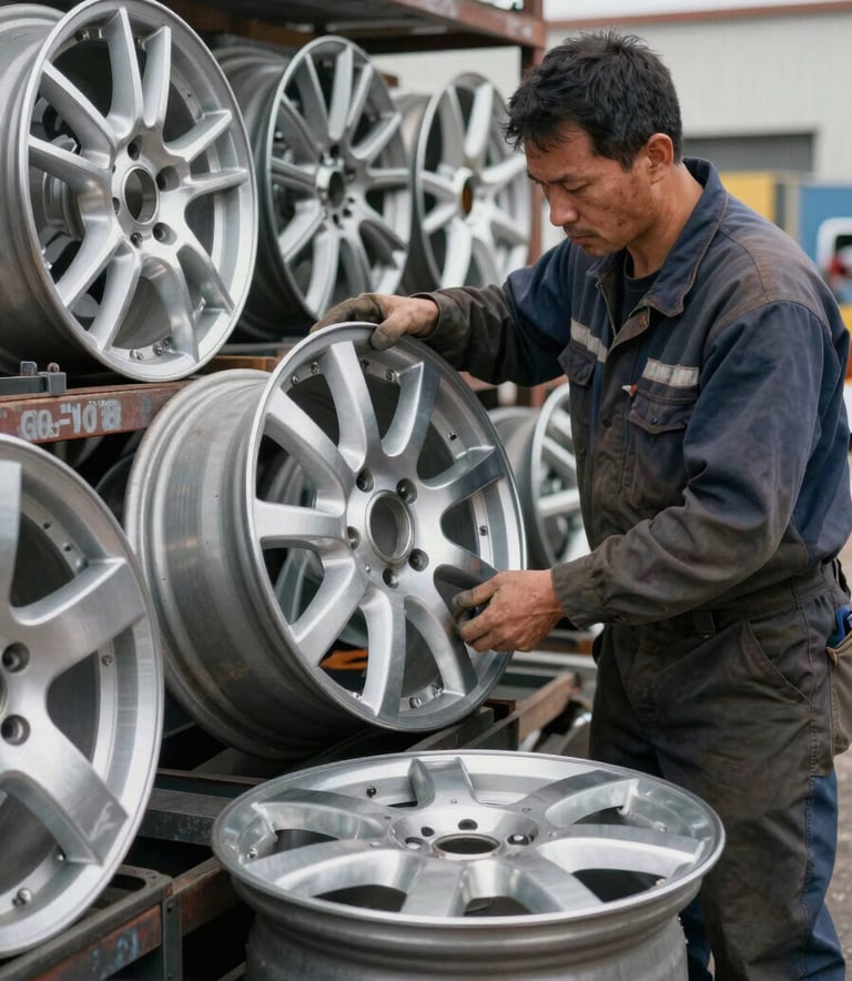 A professional action shot of an industrial worker in a North American salvage yard inspecting high-quality aluminum rims. The lighting is crisp and clear, highlighting the metallic textures of the silver and grey parts.