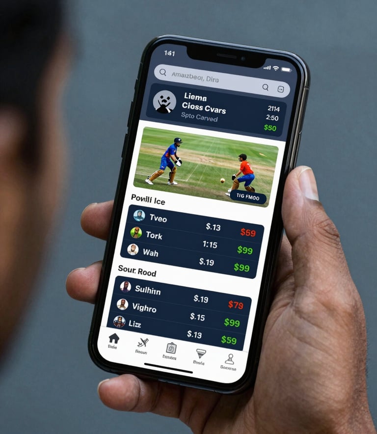 A close-up of a modern smartphone held by a person in a South Asian setting, displaying a professional sports betting interface with live cricket scores and odds, in sharp focus with a steel blue blurred background.