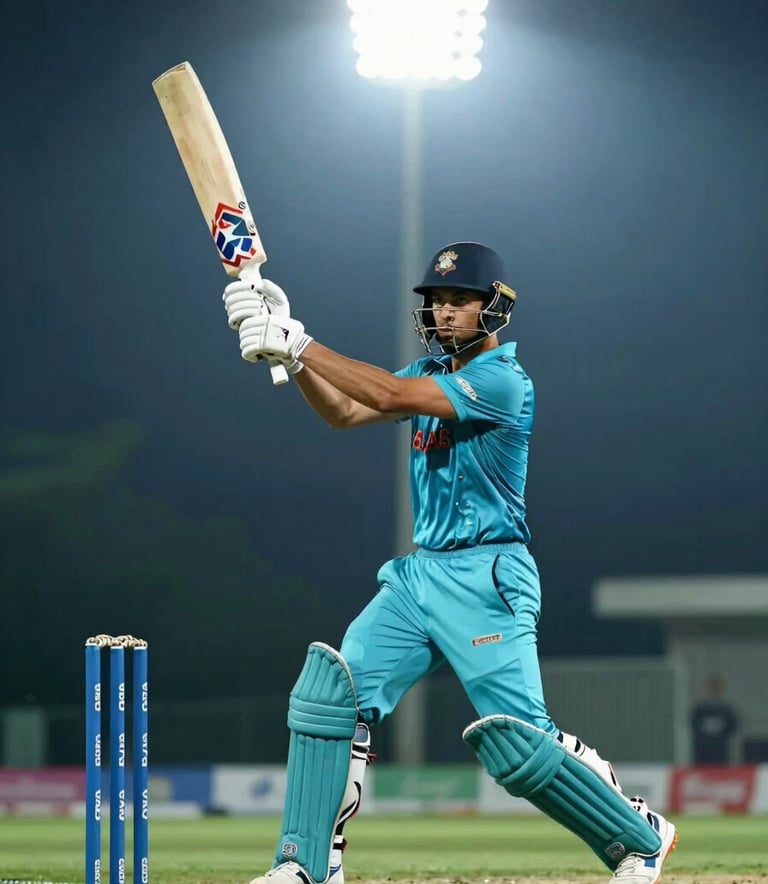 A dramatic low-angle shot of a cricket batsman mid-swing under bright stadium floodlights at night, with a misty dark blue atmosphere and sharp teal accents on the equipment.