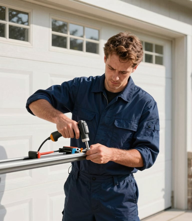 A professional technician in a navy blue uniform repairing a garage door track in a North American / US residential garage, focused composition, bright morning sunlight, professional tools.