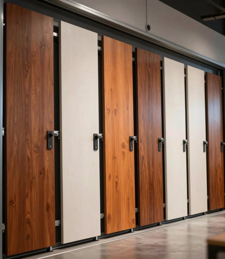 A row of premium garage door panels in Burnt Orange and Off-white finishes showcased in a professional, modern North American showroom. Soft cinematic lighting highlighting the textures of high-quality wood and steel.