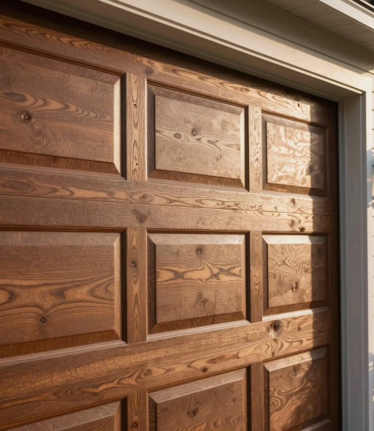 A close-up of a high-quality wood grain garage door panel being fitted into place, North American / US suburban setting, warm afternoon light, detail on craftsmanship.