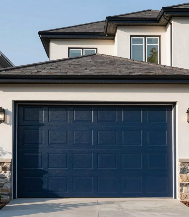 Photography of a high-quality, modern North American house featuring a sleek Dark Blue garage door. Bright morning sunlight highlights the architectural lines and the efficient, clean installation.
