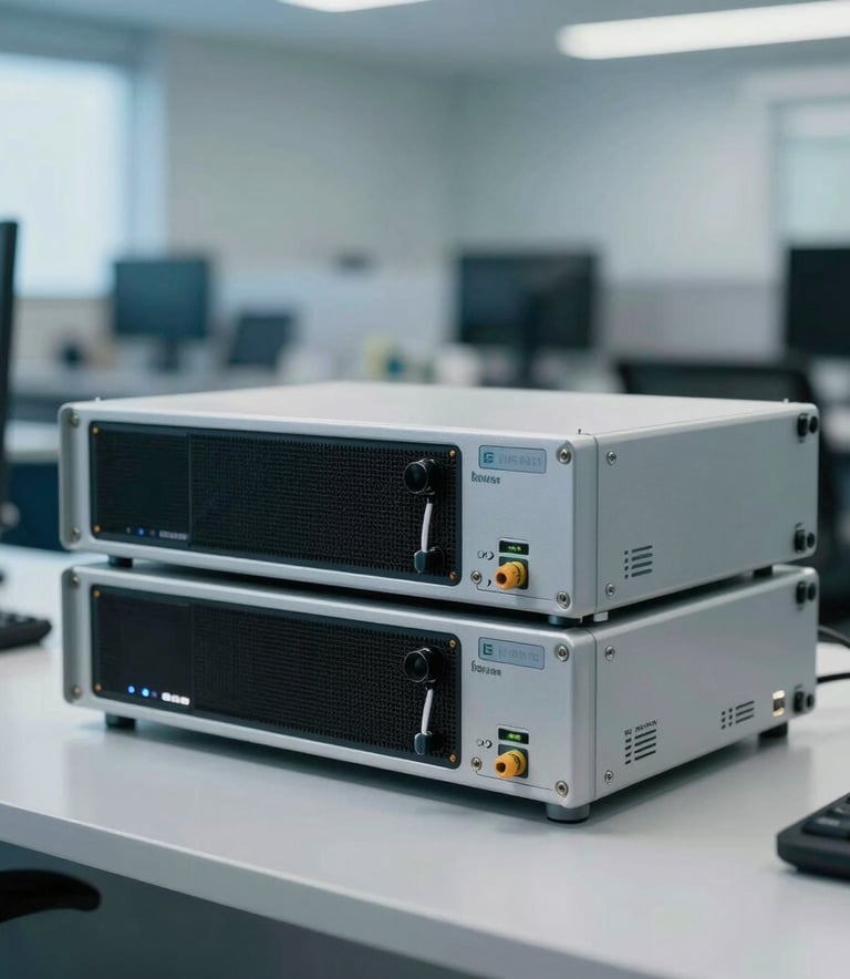 A close-up shot of professional high-tech telecommunications equipment on a sleek desk, soft focus on a busy but organized Brazilian office background with light blue-grey and muted blue tones, high-end commercial photography.