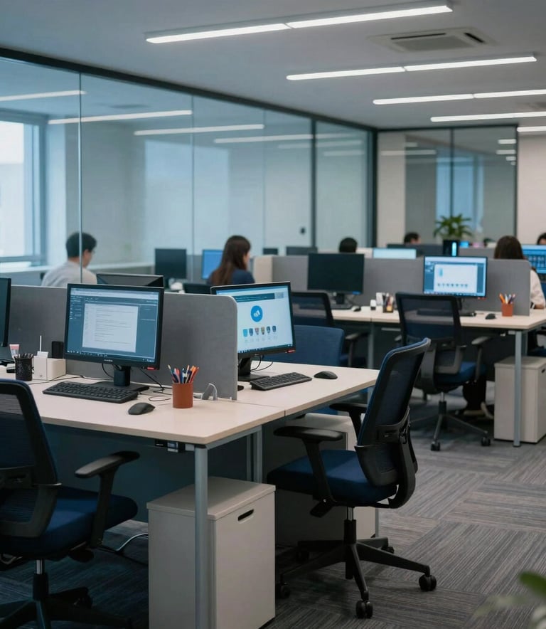 A wide shot of a modern, organized Brazilian call center workspace. Glass partitions, ergonomic chairs, and advanced technology. The atmosphere is professional and calm, with a palette of alice blue and navy tones.