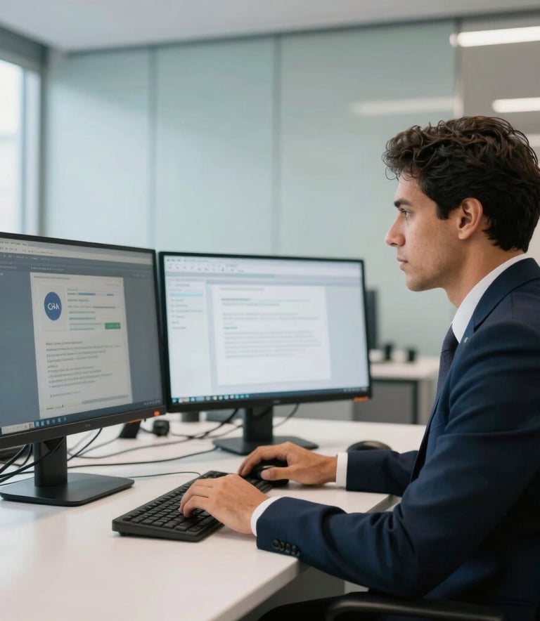A professional South American person in business attire working efficiently at a modern desk with dual monitors. The lighting is bright and airy, showing a clean, high-tech Brazilian corporate interior with light steel blue walls.
