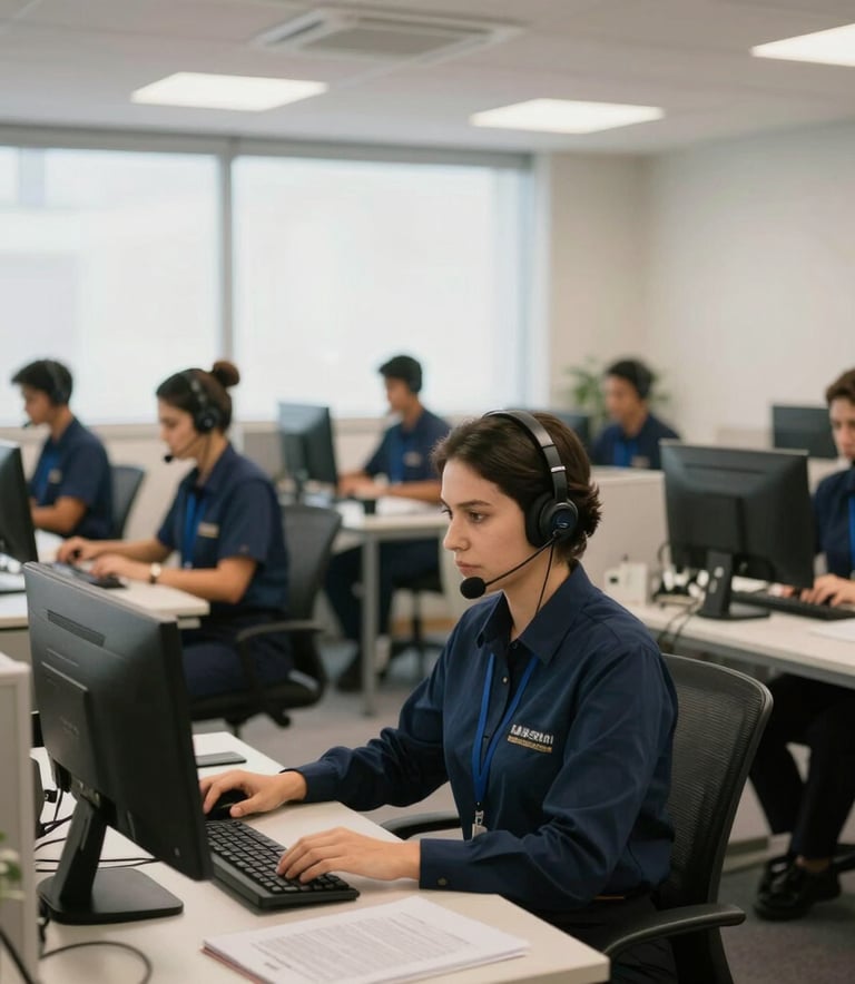 A wide shot of a professional Brazilian office with tele-operators in dark blue uniforms working at organized stations, soft daylight, very modern and efficient atmosphere.