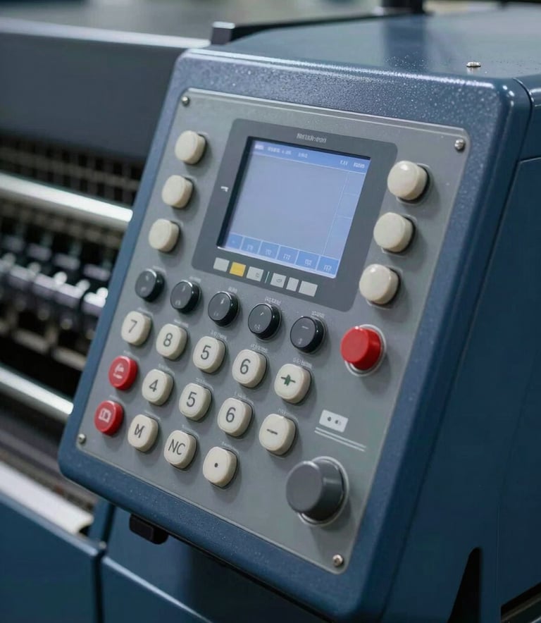 A close-up photograph of a modern industrial printing machine control interface, featuring tactile buttons and a digital display, set against a deep slate blue machine body, sharp focus, professional industrial lighting.