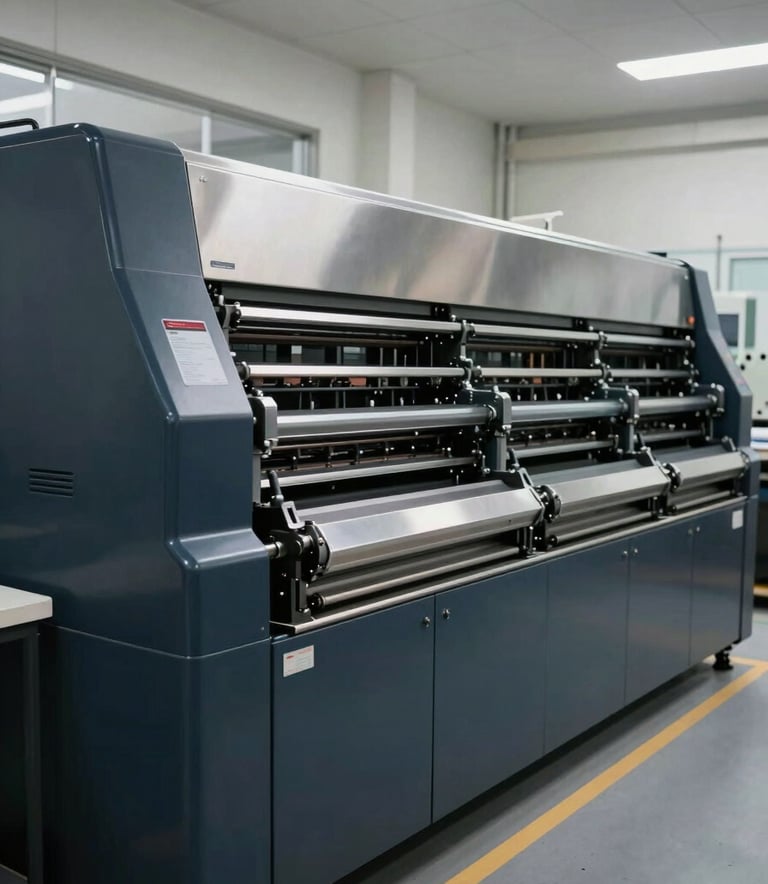 A wide-angle photograph of a multi-unit offset printing press in a clean, professional facility. The machine features metallic dark navy and slate blue panels, reflecting soft lighting. The environment is orderly and corporate.