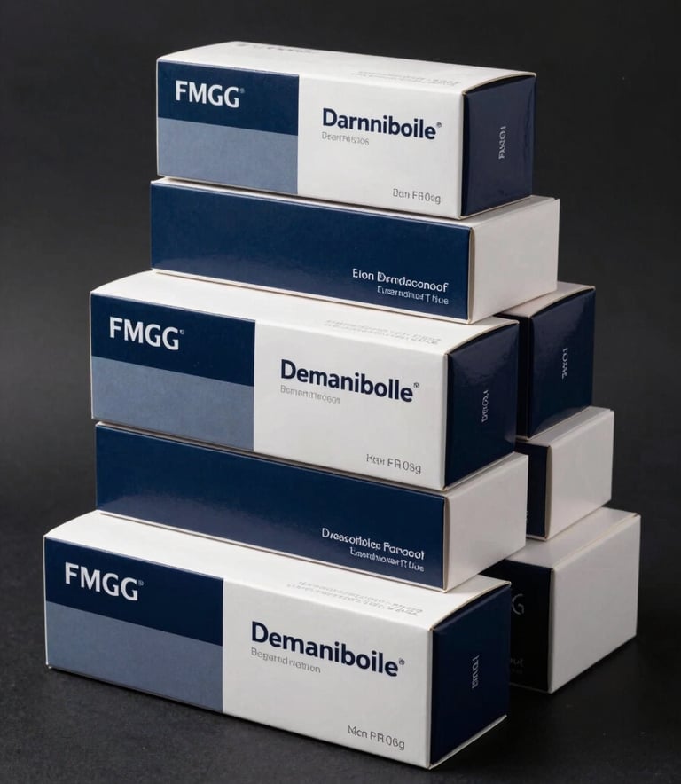 A studio product photograph of stacked premium pharmaceutical cartons and FMCG packaging boxes in dark navy and white, clean lines, professional studio lighting, emphasizing quality.