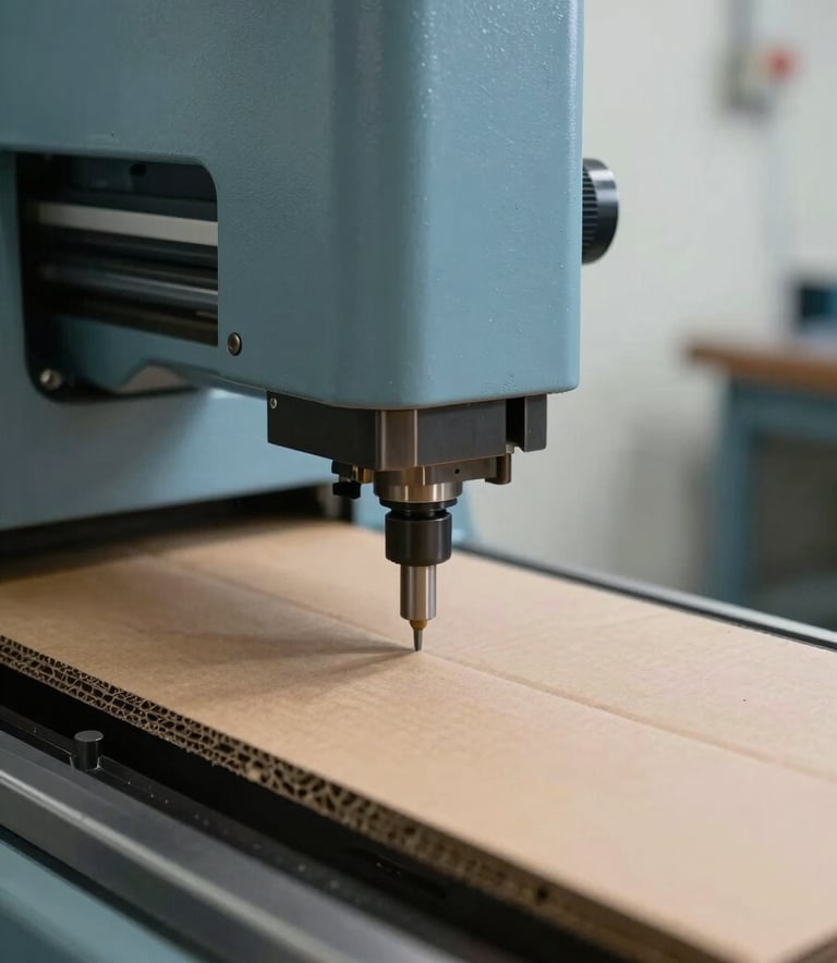 A close-up shot of an industrial punching machine precisely cutting through high-grade cardboard. The machine is slate blue, and the workshop background is a clean pale mist white. Professional, high-speed motion is suggested by soft blurring.