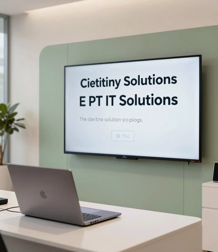 A modern, bright showroom displaying cutting-edge IT solutions. A sleek laptop and a large smart interactive board are prominent, with soft sage green accents in the background decor and warm off-white lighting.