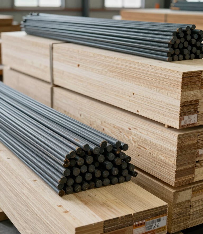 A professional warehouse shot of high-quality construction materials, including bundles of steel rods and stacked plywood, with soft light from high windows. The scene features tones of warm off-white and dark slate green shadows, conveying robust reliability.
