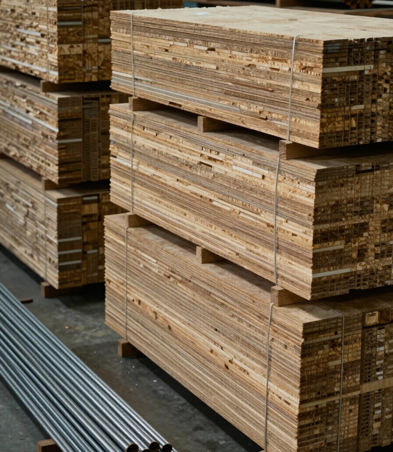 A clean warehouse shot featuring organized stacks of high-quality plywood and steel rods, shot with professional lighting and muted forest green tones.