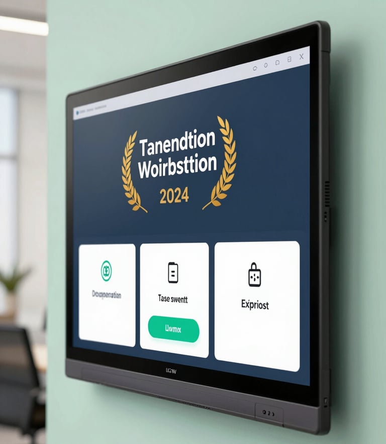 A close-up of a sleek, high-definition smart interactive board displayed in a bright, professional office with soft mint green accents and warm off-white lighting.