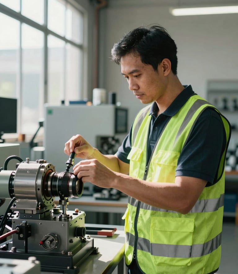 A professional Southeast Asian mechanical engineer in a clean, modern workshop, wearing a high-visibility vest with Matte Forest Green accents, inspecting complex industrial machinery. High-contrast, natural sunlight, realistic photography.