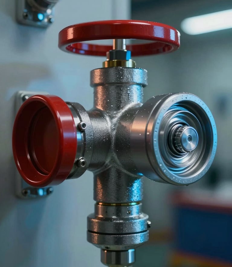A close-up photograph of a modern fire suppression sprinkler head installed in a clean, industrial Southeast Asian facility. The lighting is crisp, highlighting the metallic textures, with subtle Deep Ripe Crimson and YInMn Blue lighting accents in the background.
