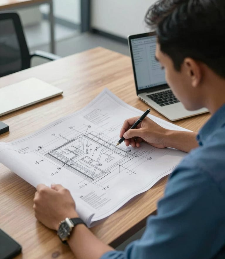 An over-the-shoulder shot of a Southeast Asian engineer in Indonesia reviewing technical blueprints on a wooden desk. Crisp Parchment and YInMn Blue office interior, professional and modern atmosphere, soft morning light.
