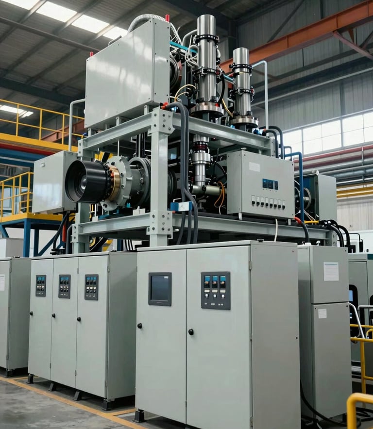 A wide-angle shot of large-scale mechanical machinery and integrated electrical panels inside an Indonesian industrial plant. The environment is orderly and high-tech, shot with natural professional lighting, showcasing a focus on innovation.