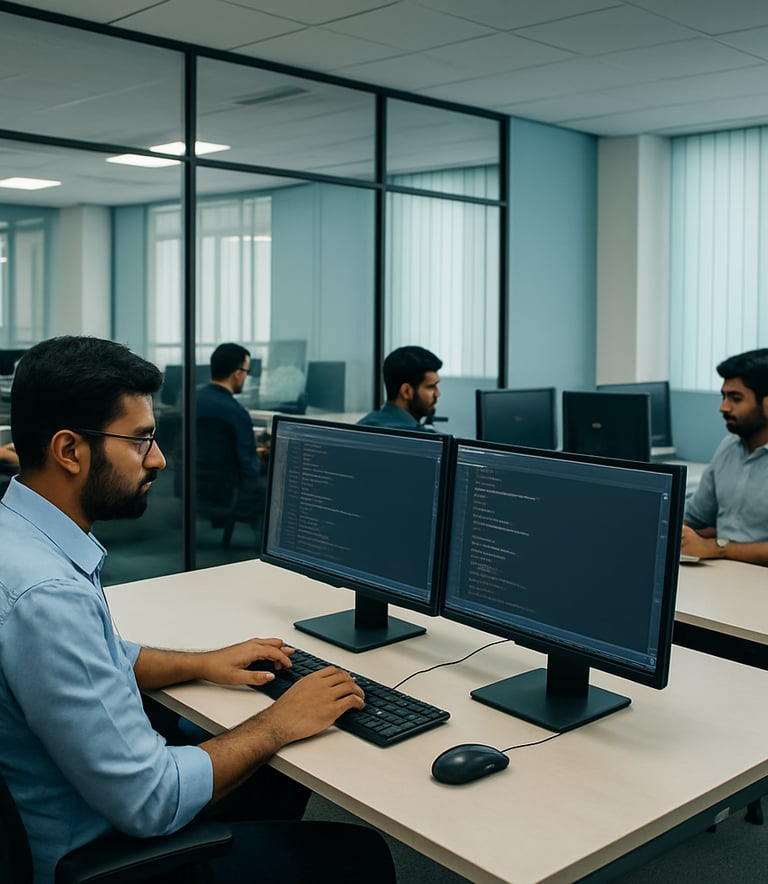 A minimalist tech office in Bangalore, South Asian / Indian software engineers working on dual-monitor setups, clean glass partitions, aesthetic includes light blue and off-white tones.