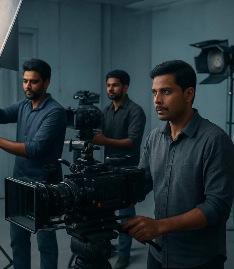 A professional film set in an Indian studio, South Asian / Indian technicians operating high-end cameras and lighting equipment, sophisticated atmosphere, colors include muted blue and light grey.