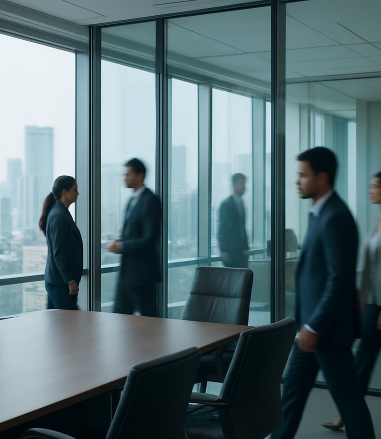 A high-end corporate office in Mumbai with glass walls and views of the skyline. South Asian / Indian professionals are seen in a blur in the background, conveying a sense of bustling, high-standard business activity. The lighting is soft and natural, with a palette featuring Muted Blue and Off-White.