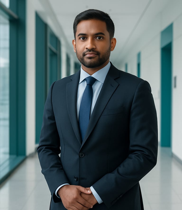 A sophisticated South Asian / Indian business leader standing in a modern, clean corridor of a technology park in Bangalore. The environment is bright and minimalist with accents of Dark Teal and Light Blue, representing professional growth and reliability.