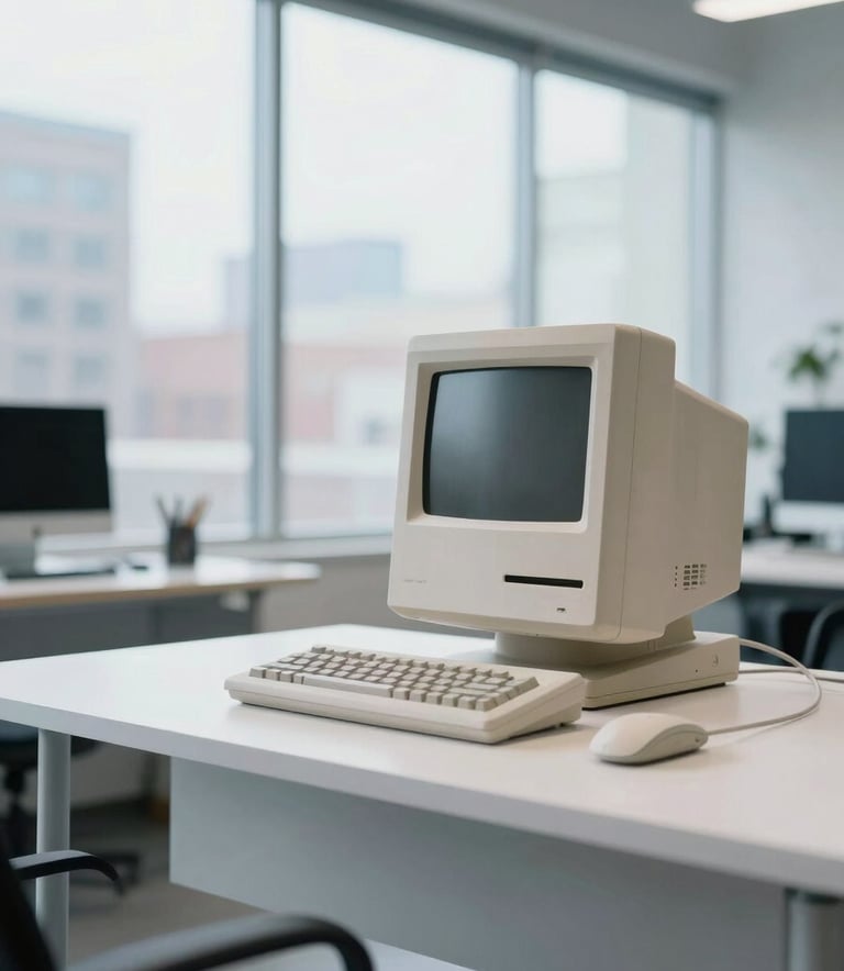 A bright, modern open studio space in Minneapolis, North American / US style. A vintage Macintosh computer sits on a minimalist white desk, blending 1980s tech with contemporary design. Large windows let in soft daylight. The aesthetic is sleek and professional, featuring a palette of Off-White and Light Grey-Blue.