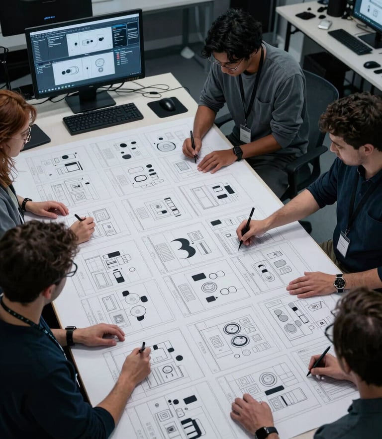 A high-angle shot of a collaborative professional workshop in a North American / US studio. People are working on large physical storyboards and sleek digital decks. The atmosphere is energetic and innovative, lit with cool Muted Blue-Grey and Dark Navy tones.