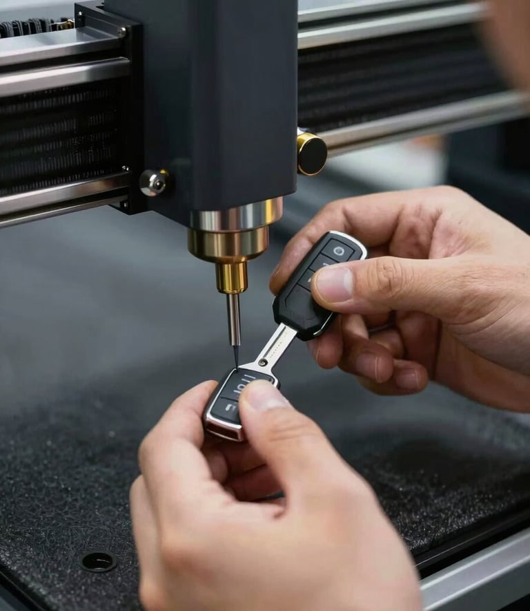 A close-up, high-detail shot of a professional technician's hands using a precision laser-cutting machine to create a modern car key. The lighting is focused and clean, reflecting off metallic surfaces. Colors lean into deep blacks and soft gold highlights, matching the #1A1A1A and #A87C3D palette.