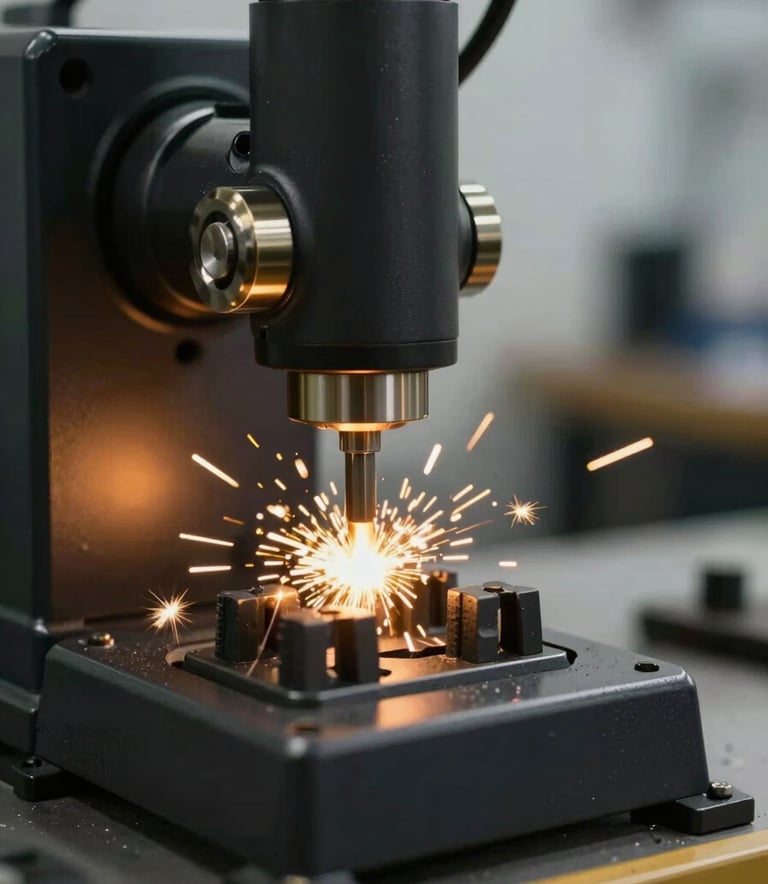 A high-precision car key cutting machine in a modern workshop, metallic textures, sparks, professional environment, color palette of black and gold (#1A1A1A, #A87C3D).