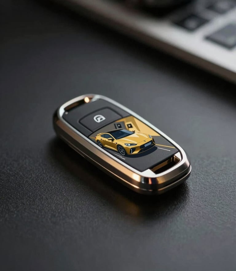 A sleek, modern luxury car key fob resting on a dark, reflective surface. The composition is professional and minimal, with a shallow depth of field. Soft golden light (#D4AF37) accents the texture of the key, projecting an image of high-quality automotive service.