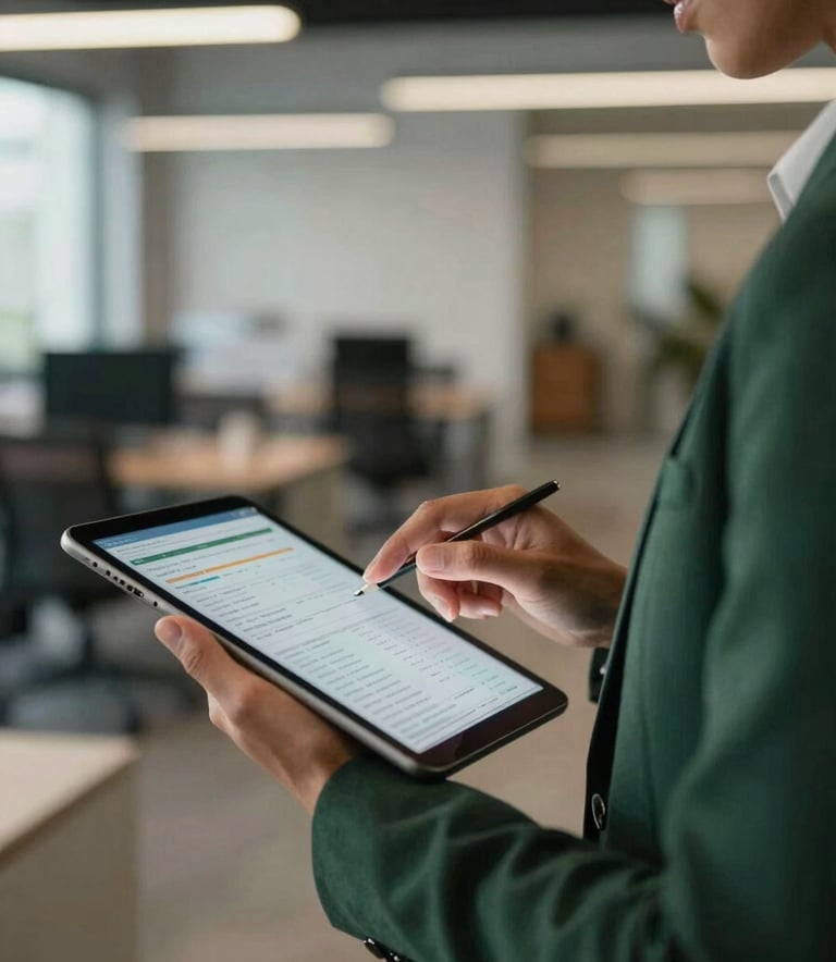 A photograph showing a detailed view of a professional analyzing data on a tablet, wearing a dark forest green blazer, with a blurred background of a modern office space.