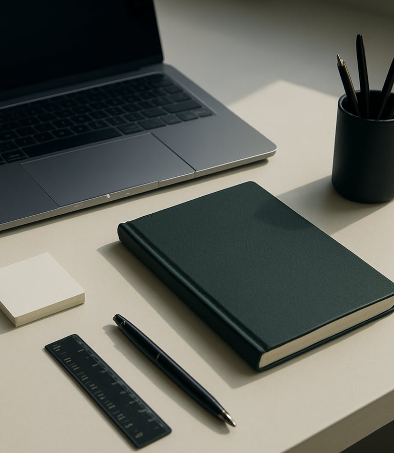 A close-up shot of a professional workspace featuring a high-end laptop, a dark slate green notebook, and organized stationery on a clean off-white desk, bathed in cool morning light.