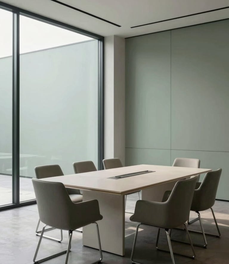 A professional minimalist meeting room with muted sage walls, large glass windows reflecting soft daylight, and a polished off-white conference table surrounded by sleek modern chairs.