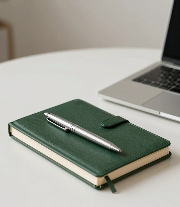 A close-up photograph of a clean, minimalist desk with a luxury dark forest green notebook, a high-quality silver pen, and a sleek laptop, bathed in natural soft light against an off-white wall.