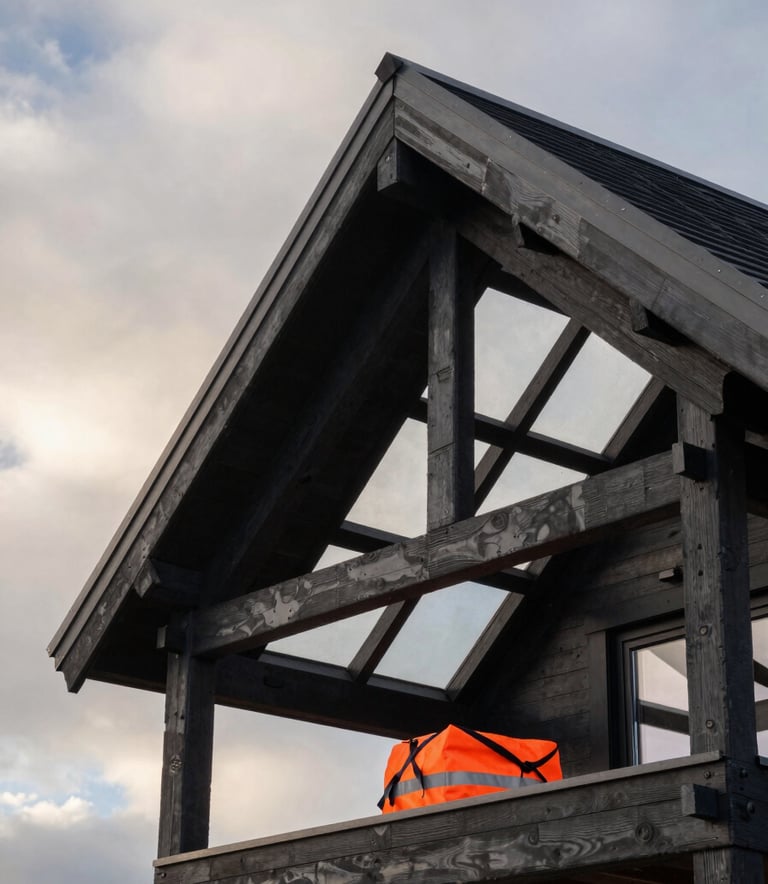 Detailed architectural photography of a perfectly finished roof structure of a modern Northern European / Finnish villa. High contrast with Soft Off-White clouds in the background, Dark Slate Black structural beams, and a glimpse of Vibrant Safety Orange safety equipment. Premium feel, sharp focus.