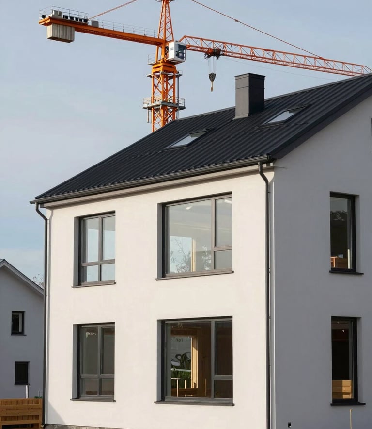 Detailed photography of a premium residential construction project in a Northern European / Finnish suburban setting. Modern architecture with clean lines and large windows. The scene shows a house frame nearing completion with sharp focus, featuring soft off-white walls and deep charcoal roofing. A single bright orange crane stands in the background under a clear, bright sky.