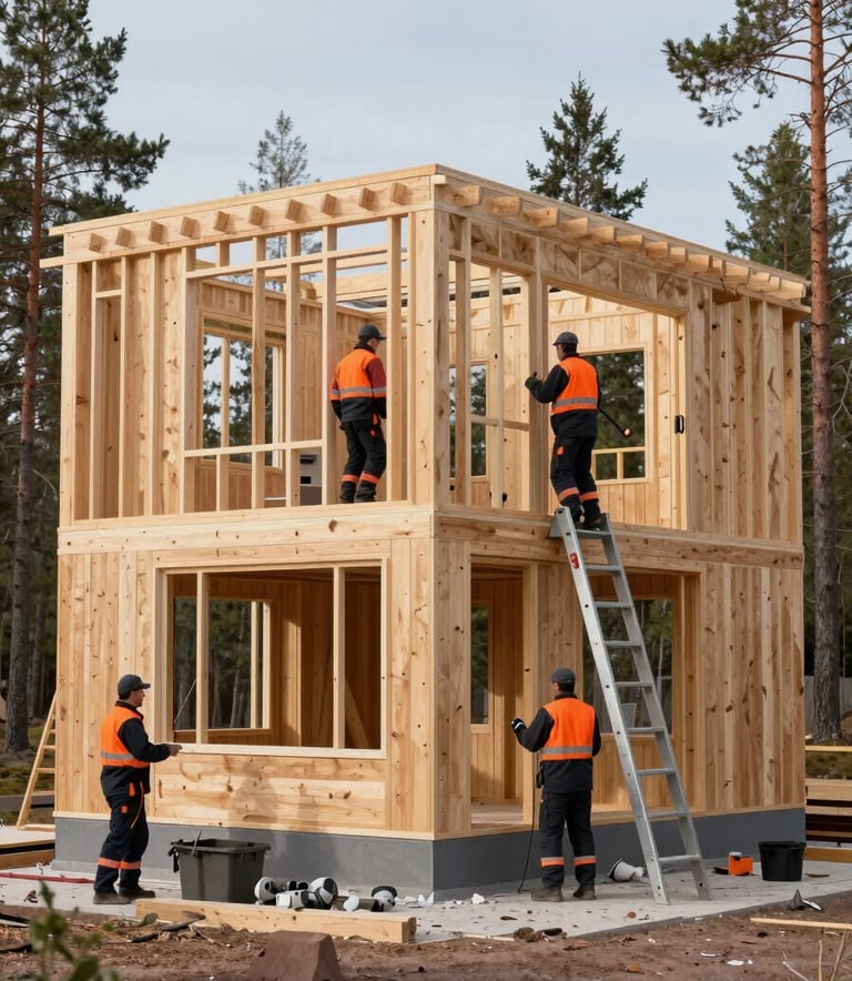 A dynamic photography shot of a modern timber frame house under construction in a Northern European / Finnish forest setting. Professionals wearing Dark Slate Black uniforms with Vibrant Safety Orange accents are working efficiently. Bright, natural daylight, professional atmosphere.